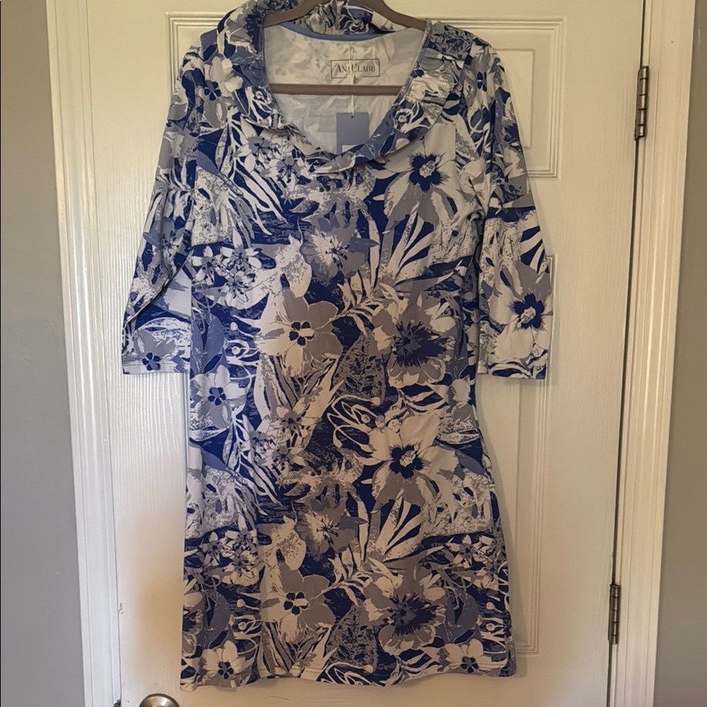 Blue and White Cowl Neck Sheath Dress for Casual Wear